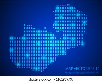 Pixel mosaic glow blue dot map with light on blue background of map of Zambia symbol for your web site design map logo, app, ui, Travel vector eps10.