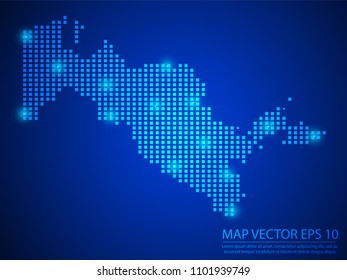 Pixel mosaic glow blue dot map with light on blue background of map of Uzbekistan symbol for your web site design map logo, app, ui, Travel vector eps10.
