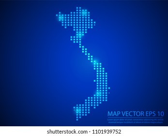 Pixel mosaic glow blue dot map with light on blue background of map of Vietnam symbol for your web site design map logo, app, ui, Travel vector eps10.