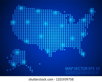 Pixel mosaic glow blue dot map with light on blue background of map of United States of America symbol for your web site design map logo, app, ui, Travel vector eps10.