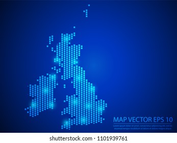 Pixel mosaic glow blue dot map with light on blue background of map of United Kingdom symbol for your web site design map logo, app, ui, Travel vector eps10.