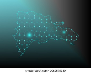 Pixel mosaic glow colorful dot map with light on dark background of map of Dominican Republic symbol for your web site design map logo, app, ui, Travel vector eps10, concept Illustration.