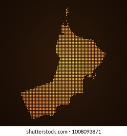 Pixel mosaic glow orange dot map on dark background of map of Oman symbol for your web site design map logo, app, ui, Travel vector eps10, concept Illustration.