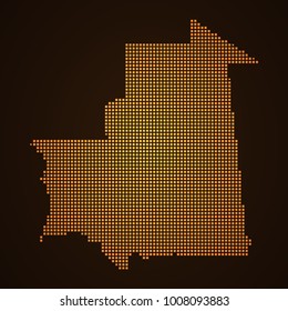 Pixel mosaic glow orange dot map on dark background of map of Mauritania symbol for your web site design map logo, app, ui, Travel vector eps10, concept Illustration.