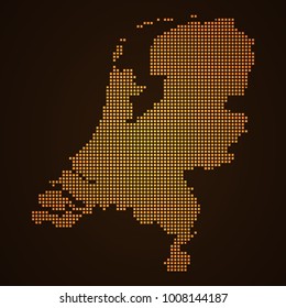 Pixel mosaic glow orange dot map on dark background of map of Netherlands symbol for your web site design map logo, app, ui, Travel vector eps10, concept Illustration.