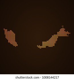 Pixel mosaic glow orange dot map on dark background of map of Malaysia symbol for your web site design map logo, app, ui, Travel vector eps10, concept Illustration.