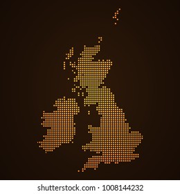 Pixel mosaic glow orange dot map on dark background of map of United Kingdom symbol for your web site design map logo, app, ui, Travel vector eps10, concept Illustration.