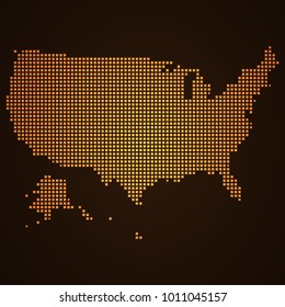 Pixel mosaic glow orange dot map on dark background of map of united states of america symbol for your web site design map logo, app, ui, Travel vector eps10, concept Illustration.