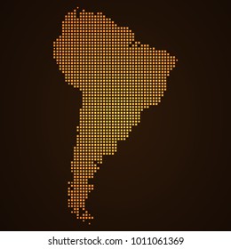 Pixel mosaic glow orange dot map on dark background of map of South America symbol for your web site design map logo, app, ui, Travel vector eps10, concept Illustration.