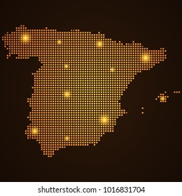 Pixel mosaic glow orange dot map with light on dark background of map of Spain symbol for your web site design map logo, app, ui, Travel vector eps10, concept Illustration.