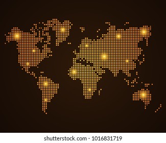 Pixel mosaic glow orange dot map with light on dark background of map of World Map symbol for your web site design map logo, app, ui, Travel vector eps10, concept Illustration.