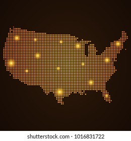 Pixel mosaic glow orange dot map with light on dark background of map of united states of america symbol for your web site design map logo, app, ui, Travel vector eps10, concept Illustration.