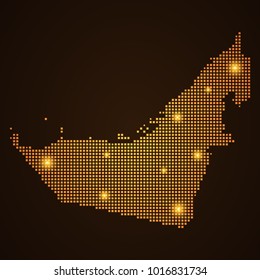 Pixel mosaic glow orange dot map with light on dark background of map of united arab emirates symbol for your web site design map logo, app, ui, Travel vector eps10, concept Illustration.