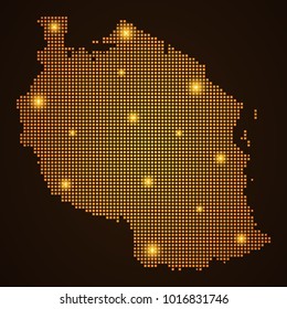 Pixel mosaic glow orange dot map with light on dark background of map of Tanzania symbol for your web site design map logo, app, ui, Travel vector eps10, concept Illustration.