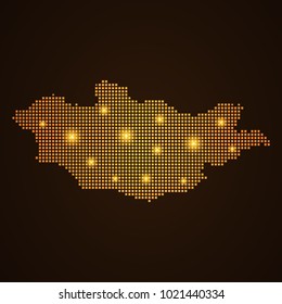 Pixel mosaic glow orange dot map with light on dark background of map of Mongolia symbol for your web site design map logo, app, ui, Travel vector eps10, concept Illustration.