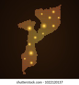 Pixel mosaic glow orange dot map with light on dark background of map of Mozambique symbol for your web site design map logo, app, ui, Travel vector eps10, concept Illustration.