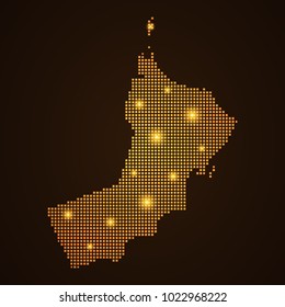 Pixel mosaic glow orange dot map with light on dark background of map of Oman symbol for your web site design map logo, app, ui, Travel vector eps10, concept Illustration.
