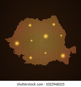 Pixel mosaic glow orange dot map with light on dark background of map of Romania symbol for your web site design map logo, app, ui, Travel vector eps10, concept Illustration.