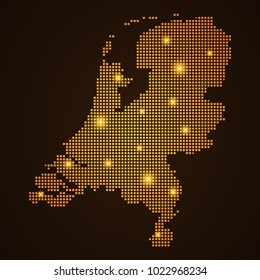 Pixel mosaic glow orange dot map with light on dark background of map of Netherlands symbol for your web site design map logo, app, ui, Travel vector eps10, concept Illustration.