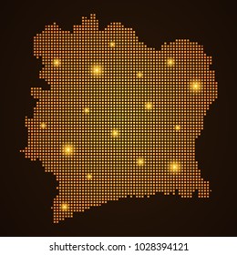 Pixel mosaic glow orange dot map with light on dark background of map of Ivory Coast symbol for your web site design map logo, app, ui, Travel vector eps10, concept Illustration.