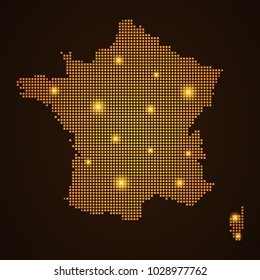 Pixel mosaic glow orange dot map with light on dark background of map of France symbol for your web site design map logo, app, ui, Travel vector eps10, concept Illustration.