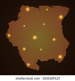 Pixel mosaic glow orange dot map with light on dark background of map of Suriname symbol for your web site design map logo, app, ui, Travel vector eps10, concept Illustration.
