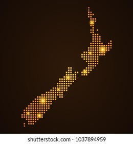 Pixel mosaic glow orange dot map with light on dark background of map of New Zealand symbol for your web site design map logo, app, ui, Travel vector eps10, concept Illustration.