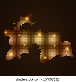 Pixel mosaic glow orange dot map with light on dark background of map of Tajikistan symbol for your web site design map logo, app, ui, Travel vector eps10, concept Illustration.