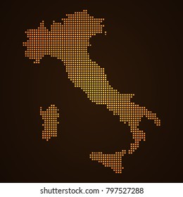 Pixel mosaic glow orange dot map on dark background of map of Italy symbol for your web site design map logo, app, ui, Travel vector eps10, concept Illustration.