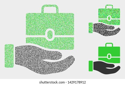 Pixel and mosaic hand offer case icons. Vector icon of hand offer case combined of scattered circle elements. Other pictogram is combined from square dots.
