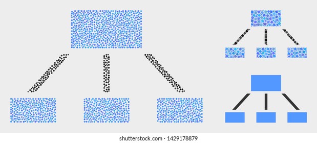 Pixel and mosaic hierarchy icons. Vector icon of hierarchy formed of randomized circle pixels. Other pictogram is designed from small squares.