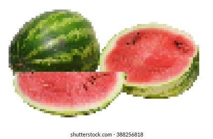Pixel mosaic illustration of watermelon - full, half and quarter, isolated on white