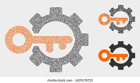 Pixel and mosaic key options gear icons. Vector icon of key options gear composed of randomized circle pixels. Other pictogram is organized from rectangle elements.