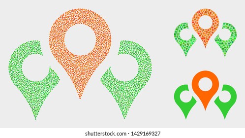 Pixel and mosaic map markers icons. Vector icon of map markers combined of scattered circle pixels. Other pictogram is created from square pixels.