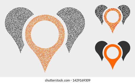 Pixel and mosaic map pointers icons. Vector icon of map pointers constructed of random spheric elements. Other pictogram is organized from rectangle elements.