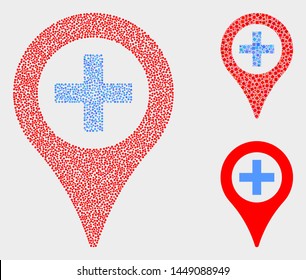 Pixel and mosaic medical map marker icons. Vector icon of medical map marker composed of scattered round dots. Other pictogram is composed from small rectangles.