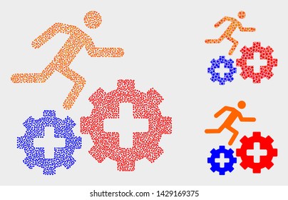 Pixel and mosaic patient run over gears icons. Vector icon of patient run over gears formed of scattered spheric items. Other pictogram is formed from square pixels.