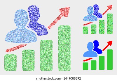 Pixel and mosaic people trend chart icons. Vector icon of people trend chart designed of scattered spheric items. Other pictogram is designed from square dots.