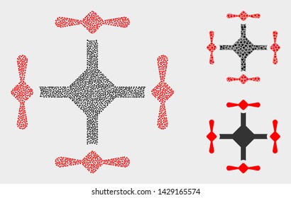 Pixel and mosaic quadcopter icons. Vector icon of quadcopter composed of random spheric pixels. Other pictogram is formed from small rectangles.