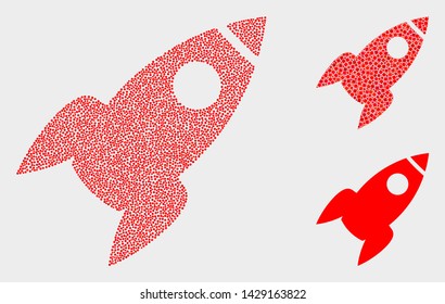 Pixel and mosaic rocket icons. Vector icon of rocket composed of scattered circle pixels. Other pictogram is created from square pixels.