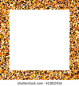 Pixel mosaic square border (frame) in colors of fire - yellow, orange, dark orange, brown, with black and white details