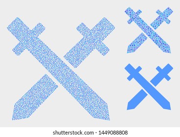 Pixel and mosaic swords icons. Vector icon of swords organized of random spheric pixels. Other pictogram is created from elements.