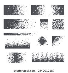 Pixel mozaïek texturen met eenvoudige vierkante deeltjes. Verspreid gestippeld patroon, vervaleffect, pixeldesintegratie.