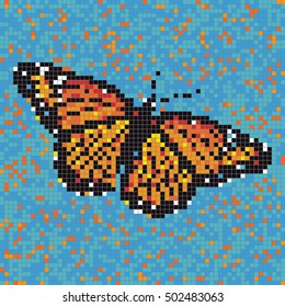 Pixel mosaic tile decoration butterfly urticaria (Aglais urticae) on a blue background with orange specks. 64 x 64 square. Each element is isolated and edited. Vector 10 EPS illustration.