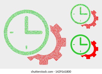 Pixel and mosaic time settings gear icons. Vector icon of time settings gear formed of scattered spheric points. Other pictogram is formed from dots.