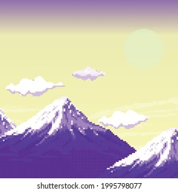 Pixel mountain, clouds and sun. 8 bit