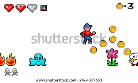 Pixel mountains. The game character collects coins. Passing levels and number of lives. art 8 bit objects. Background for the application or a website. Retro game poster for computer video arcades.