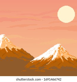 Pixel mountains at sunset and the sun. Pixel art 8 bit.