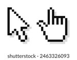 Pixel mouse arrow pointer icon set, video game style. Pixel art cursor arrow, hand.