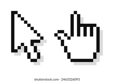 Pixel mouse arrow pointer icon set, video game style. Pixel art cursor arrow, hand.